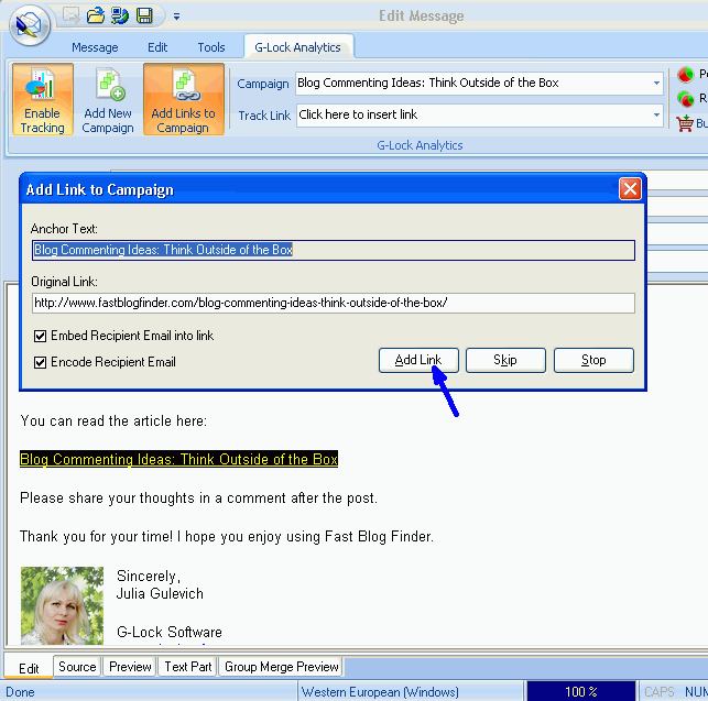 Add email tracking link