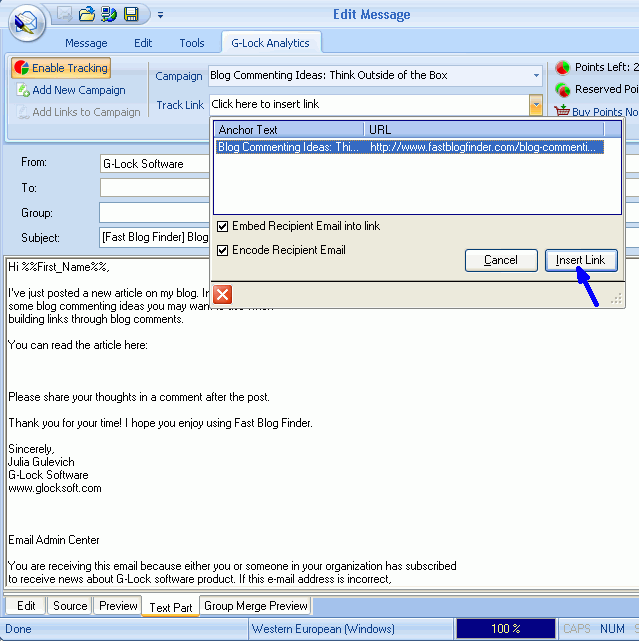Insert tracking link