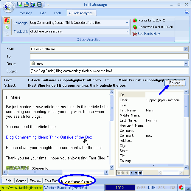 Email tracking link preview