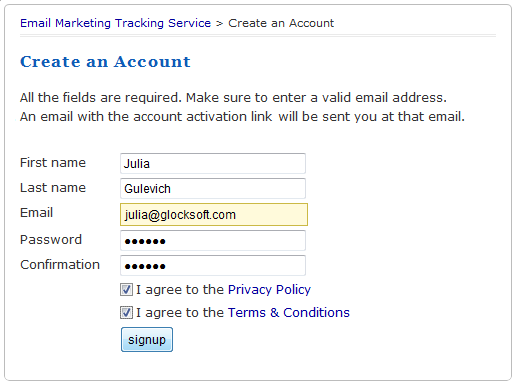 Email tracking signup