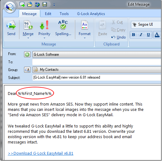 merged first name into the email gem merged field How to Send Customized Email Messages Using Merge Tags