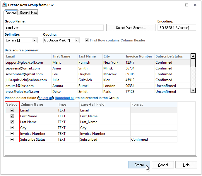 Create group with custom fields in G-Lock EasyMail7