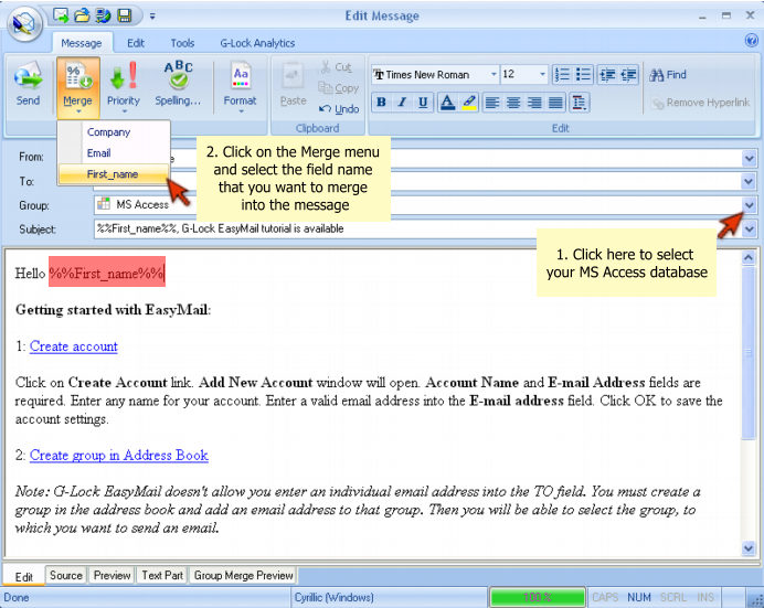 How to Connect to MS Access Database from G Lock EasyMail Merge field into email