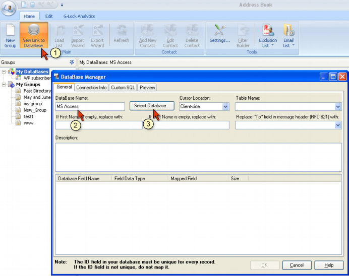 How to Connect to MS Access Database from G Lock EasyMail select database