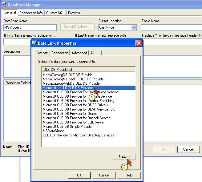 How to Connect to MS Access Database from G Lock EasyMail select provider
